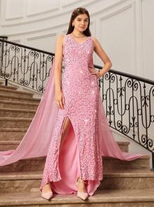 Váy voan xẻ tà cổ chữ V, viền xẻ, đính sequin cho bé gái tuổi teen dùng cho tiệc cưới, tiệc khiêu vũ, tiệc sinh nhật - Hồng - Xem 3