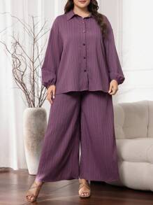 Mulvari Conjunto de talla grande para mujer con camisa de hombros caídos y pantalones pata ancha para primavera y verano, camisa informal de manga larga con ajuste holgado y abotonadura, y pantalones largos pata ancha - Morado - Ver 5