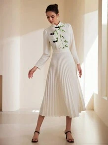 Aveloria Rosie Vestido de manga larga con cuello alto de estilo chino, diseño de bloques de color, estampado de bambú y pliegues, largo medio