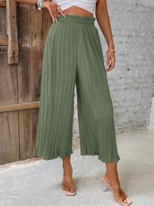 SHEIN Frenchy Pantalones casuales anchos de pierna suelta con pliegues y volantes en el bajo, unicolor, para mujer
