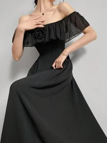 Modelyn Váy lưới trễ vai màu trơn đơn giản cho nữ mặc hàng ngày Váy dạ hội dài - màu đen - Xem 7