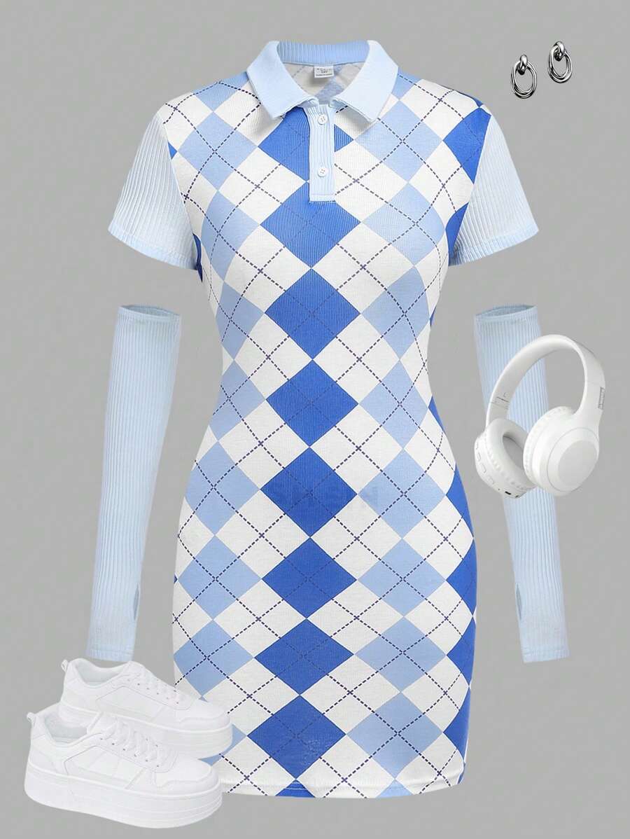 SHEIN Leap Crew Teen Girls' Blue Diamond Checkered Preppy Style Collared Knitted Dress With Long Sleeves Set - Blue and White - View 1