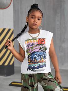 SHEIN Tween Girl 酷炫街头风格针织圆领无袖上衣，春夏 - 白色 - 查看 1