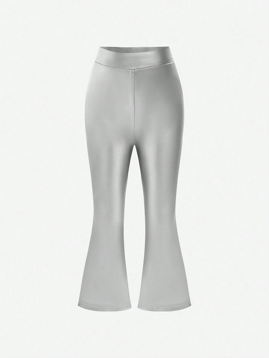 Girls' Simple Silver Leather-Look High-Waisted Flared Stretch Comfortable Stylish Long Leggings - Silver - View 1