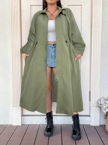 Flirla Plus Size Women's Solid Color Long Sleeve Drawstring Waist Casual Jacket, Spring & Autumn - Green - View 7