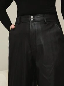 SHEIN LUNE 女式高腰时尚锥形 PU 皮裤，带口袋 - 黑色 - 查看 4