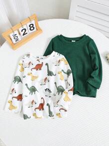 Baby Boy 2pcs/Set, Cute Cartoon Dinosaur Knitted Long Sleeve Top & Solid Color Long Sleeve Casual Top, All-Match And Versatile For Spring, Autumn, And Winter, Suitable For Daily Wear Graphic - Multicolor - View 6