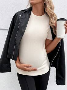 SHEIN Maternity Round Neck Short Sleeve Fitted Sweater For Pregnant Women, Autumn/Winter - Yellow - View 1