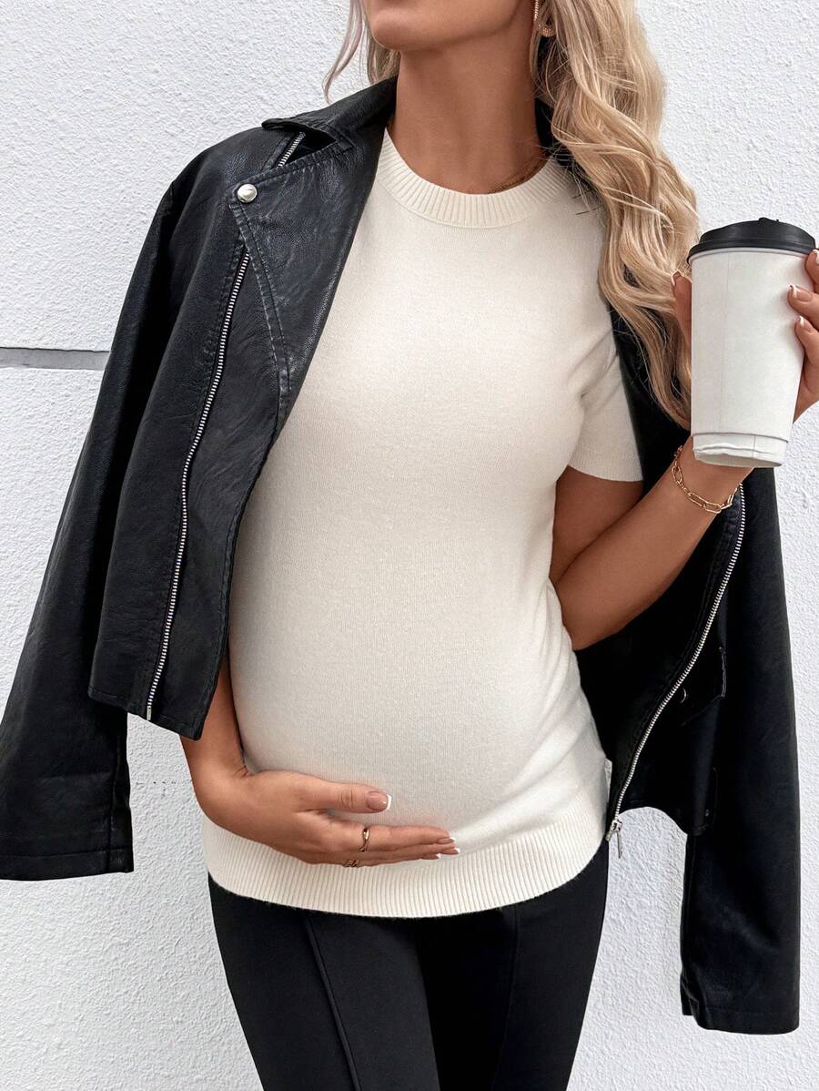 SHEIN Maternity Round Neck Short Sleeve Fitted Sweater For Pregnant Women, Autumn/Winter - Yellow - View 1