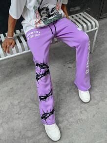 PAVTROS 男士前系带字母印花口袋叠层运动裤，休闲日常穿着 - 紫色 - 查看 4