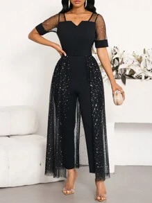 SHEIN Lady Women's Fashionable Elegant Party Black Glitter Mesh Jumpsuit, With Textured Short Sleeves And Mesh, 2-In-1 Style Women Vintage Clothes Teacher Clothes - Black - View 3