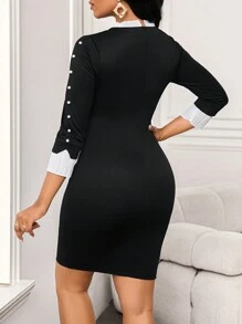 SHEIN Lady Đầm bó sát trắng đen thanh lịch dành cho nữ có cổ tròn, tay áo xếp nếp, viền gấp màu trắng và hạt trang trí - Đen và trắng - Xem 2
