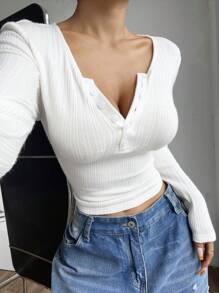 SHEIN EZwear White Knitted Half Buttoned Women's T-Shirt Fall - White - View 6