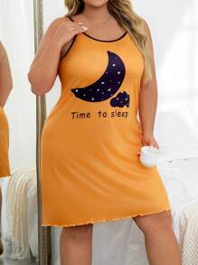 Plus Size Women's Printed Simple Casual Sleep Tank Top Dress, Nightgown - Orange - View 3