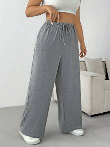 SHEIN EZwear 大码女式纯色简约抽绳休闲灰色阔腿运动裤，初秋 - 灰色 - 查看 5