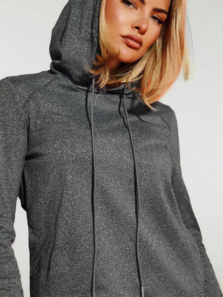 VARSITIE Raglan Sleeve Drawstring Hooded Sports Sweatshirt - Dark Grey - View 1