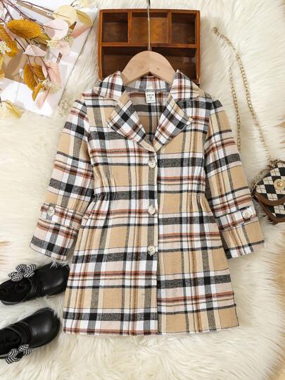 SHEIN Kleine Mädchen Lässig mantel mit Karo-Muster, Revers und Taillenzug, geeignet für Alltag und Anlässe, Farben für Herbst & Winter