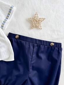 Cozy Pixies Baby Boy, Color Blocking Peter Pan Collar Short Sleeve Half-Zip Pullover Top And Bubble Shorts Set - Blue - View 4