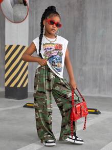 SHEIN Tween Girl 酷炫街头风格针织圆领无袖上衣，春夏 - 白色 - 查看 6