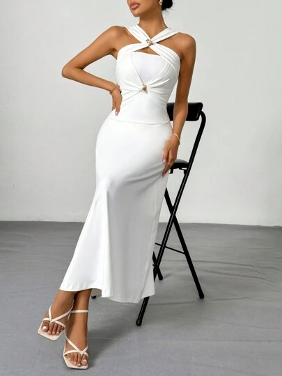 SHEIN Privé Plus Size Elegant Solid White Metal Buckle Decor Tie Neck Waist Cinching A-Line Dress, Women Summer Wedding Party Daily Graceful Holiday Romantic Date Music Festival Ins Tie Neck Waist Flared Dress