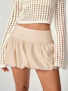 SHEIN Unity Women's Solid Color Casual Low Waist Ruched Skirt - Apricot - View 5