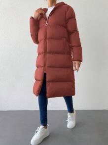 SHEIN Cottnline Zip Up Hooded Puffer Coat - Burgundy - View 4