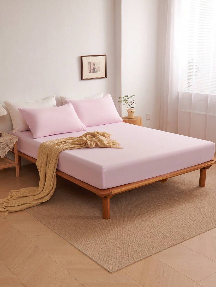 1pc Light Pink Solid Color Fitted Sheet, Soft Skin-Friendly Breathable, Suitable For All Seasons, Deep Pocket Design, Fits Up To 16 Inch Thick Mattress, Soft And Breathable, Suitable For Various Bed Sizes - Twin, Full, Queen, King, Also Can Be Used As Bed Cover, Back To School Bedding Or Dorm Bedding Set - Baby Pink - View 1