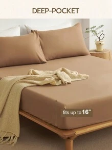 三件套纯色咖啡棕色床单，采用超细纤维面料，包含1个床笠和2个枕套（不含枕芯），现代柔软的床上用品套装，适合居家、宿舍、返校季使用，深口袋设计，适用于厚度达16英寸的床垫。 - 咖啡棕 - 查看 6