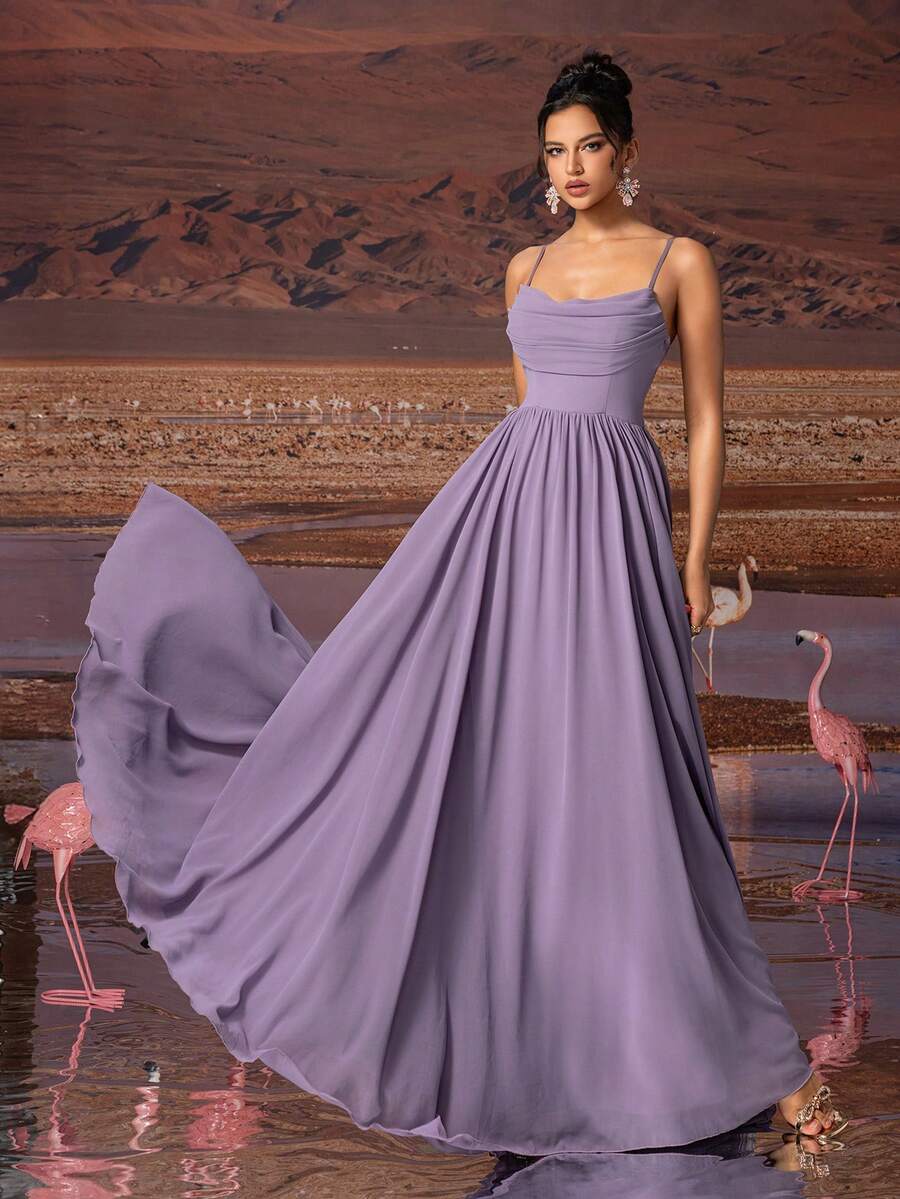 AOSHABABI Tops Purple Solid Color Draped Chiffon Elegant Women Evening Gown Fall