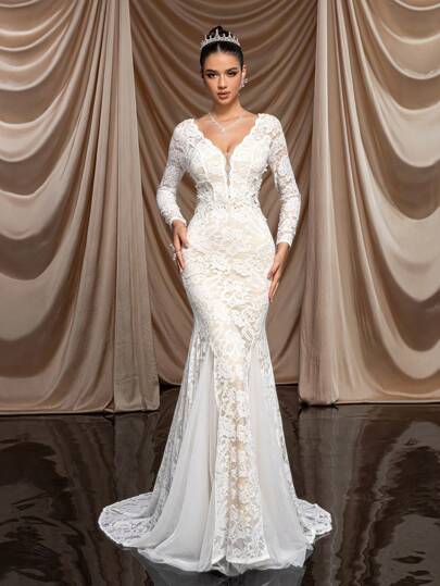 SHEIN Belle Elegant And Gorgeous White Contrasting Champagne Color V-Neck Sheer Long Sleeves Stretch Lace And Tulle Waist Luxury Embroidered Applique Decoration Sexy Sheer Backless Design Suitable For Wedding Events Holiday Parties Holiday Prom Night Floor Length Mermaid Wedding Dress Bridal