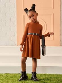 Young Girl Fall Casual Knitted Sweater Dress With Ruffle Trim - Brown - View 3