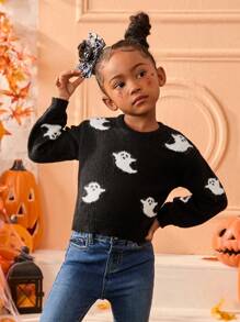 Young Girl Halloween Graphic Crew Neck Fitted Casual Sweater,In Fall/Winter - Black and White - View 1
