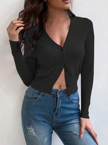 SoleilVie Cárdigan de mujer de cuello en V de manga larga con un solo botón de unicolor, para primavera/verano, Top de manga larga - Negro - Ver 3