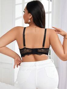 SHEIN Sheer Floral Lace Full-Cup Plus Size Bra & Wire-Free Bra - Black - View 2