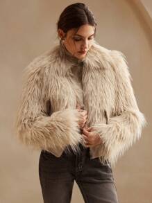 Chaqueta de manga larga de diseño de alta gama y tacto esponjoso, de estilo corto, con un aspecto elegante y abrigado para mujeres - Beis - Ver 4
