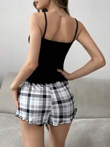 Women's Pajamas Set, Elephant & Letter Printed Camisole Top And Checkered Loose Shorts - Black - View 2