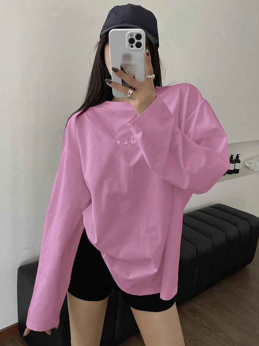 DAZY Women's Casual Letter Print Drop Shoulder Long Sleeve T-Shirt, Spring/Summer,Fall Clothes - Hot Pink - View 1