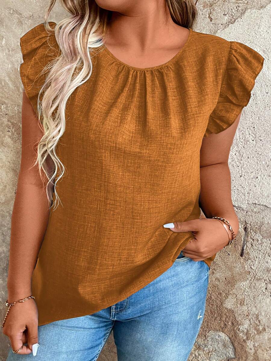 SHEIN LUNE Plus Size Casual Back Button Fly Cap Sleeve Blouse - Orange - View 1