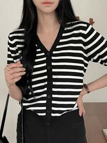 DAZY 女士条纹休闲开衫 夏季 - 黑色 - 查看 3