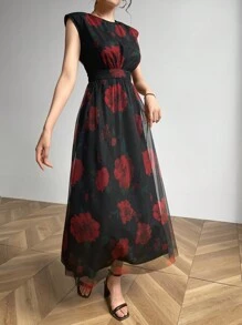 Modelyn 女士圆领无袖全身印花褶饰喇叭下摆 A 字型优雅连衣裙长款晚礼服 - 彩色 - 查看 8