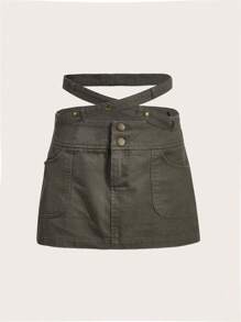 SHEIN X KeniaOs SHEIN ICON Criss Cross Waist Button Front Skirt - Army Green - View 1
