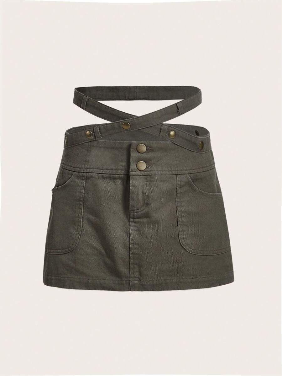 SHEIN X KeniaOs SHEIN ICON Criss Cross Waist Button Front Skirt - Army Green - View 1