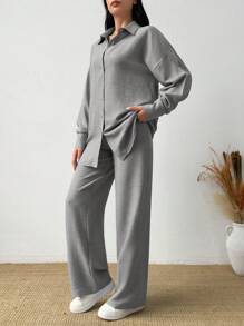 EURMUSE Women Shirt & Wide Leg Pants Set - Light Grey - View 5