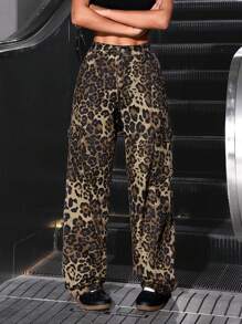 SHEIN PETITE 女式豹纹工作服直筒休闲宽松牛仔裤，带口袋 - 彩色 - 查看 3