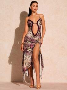 Glamine Damen Vintage Maxikleid im Patchwork-Stil mit Leoparden- und Zebramuster, floraler Spitze und Schnitzerei