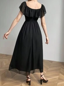 Modelyn Váy lưới trễ vai màu trơn đơn giản cho nữ mặc hàng ngày Váy dạ hội dài - màu đen - Xem 5