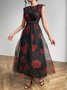 Modelyn 女士圆领无袖全身印花褶饰喇叭下摆 A 字型优雅连衣裙长款晚礼服 - 彩色 - 查看 6