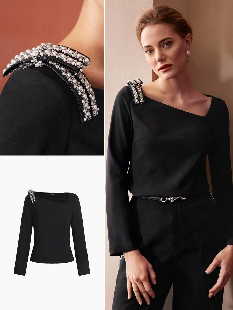 MOTF PREMIUM Nghệ Embellished Vai Nơ Áo sơ mi