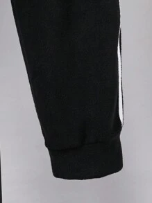 Teen Boy's Patched Contrast Striped Printed Zipper-Up Sweatshirt And Drawstring Cuffed Pants Casual 2pcs Set - Black - View 6