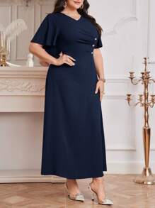 Modelyn Plus Size Women's Summer Solid Color V-Neck Short Sleeve Pleated Elegant Dress Long Evening Dresses